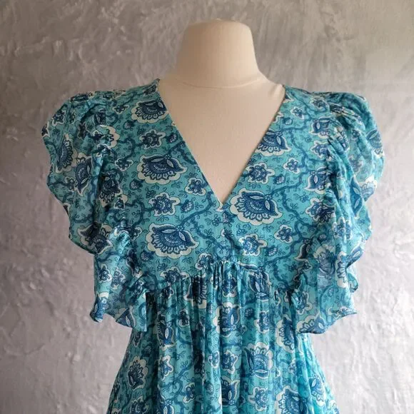 RHODE Aqua Lotus Tasha Midi Dress Size 4 Floral Print Flutter Cap Sleeve Ruffle - Picture 14 of 16